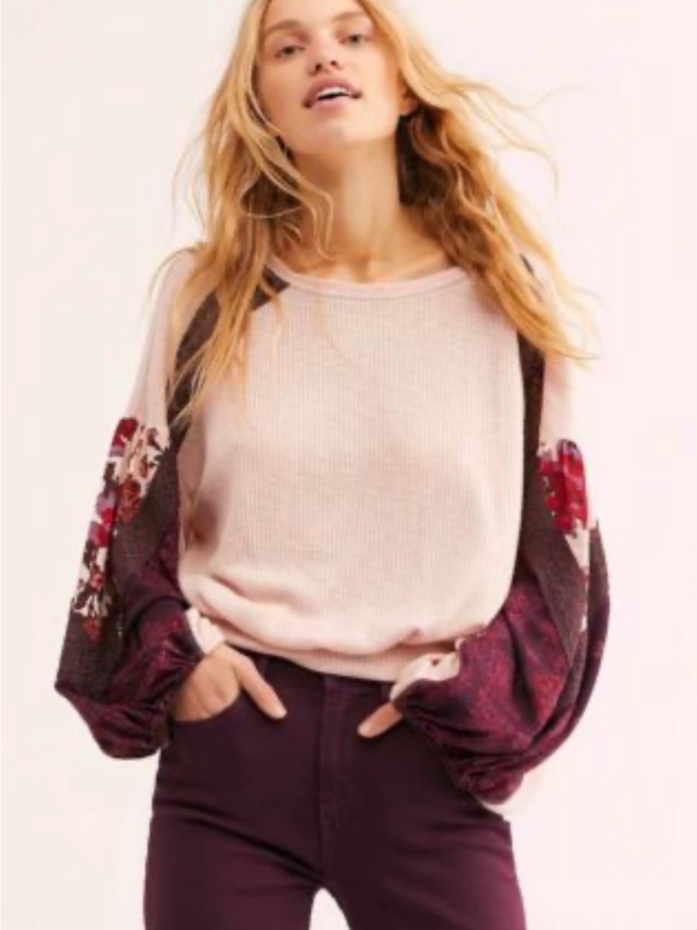 Free People boho floral casual clash top with Floral Burgundy Balloon Sleeves